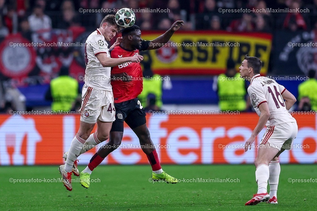 UCL11032502499 | 11.03.2025, Fußball, UEFA Champions League, Bayer 04 Leverkusen - FC Bayern München, Achtelfinale Rückspiel, BayArena, Saison 2024 2025: Josip Stanisic (FC Bayern #44) im Zweikampf gegen Victor Boniface (Bayer04 Leverkusen #22)DFB regulations prohibit any use of photographs as image sequences and or quasi-video.