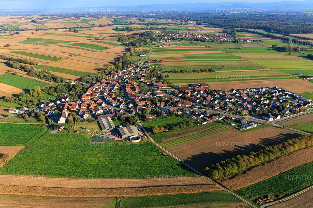 Luftbild: Ortsansicht aus Westen in Stundwiller im Bundesland Bas-Rhin in Frankreich. Foto: IMG_150142.jpg vom 11.10.2025 durch Werner Riehm/FLY-FOTO.de