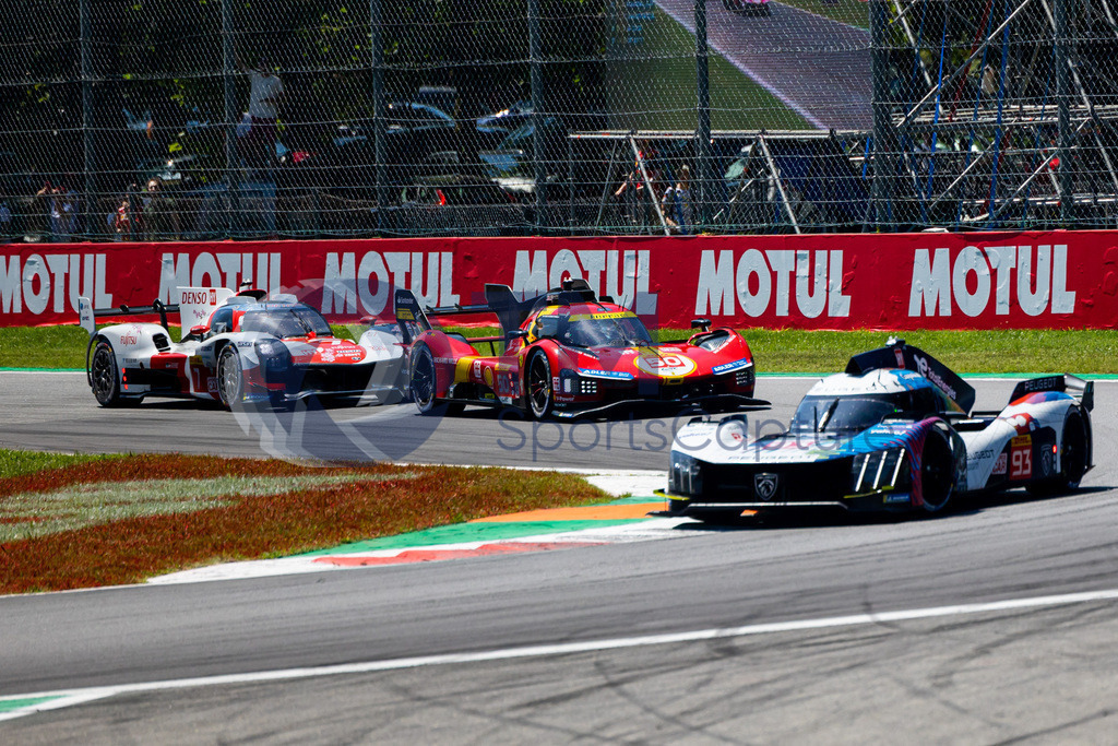 Trainproduction-20230709-0008 | MONZA,ITALY,09.Jul.23 - MOTORSPORTS - WEC, FIA World Endurance Championships, 6h of Monza, Autodromo Monza. Image shows Paul Di Resta (GBR), Mikkel Jense (DEN) and Jean-Eric Vergne (FRA/ Peugeot Totalenergies), Antonio Fuoco (ITA), Miguel Molina (ESP) and Nicklas Nielsen (DEN/Ferrari AF Corse) and Mike Conway (GBR), Kamui Kobayashi (JPN) and Jose Maria Lopez (ARG/ Toyota Gazoo Racing).   Photo: Trainproduction / Matthias Trinkl
