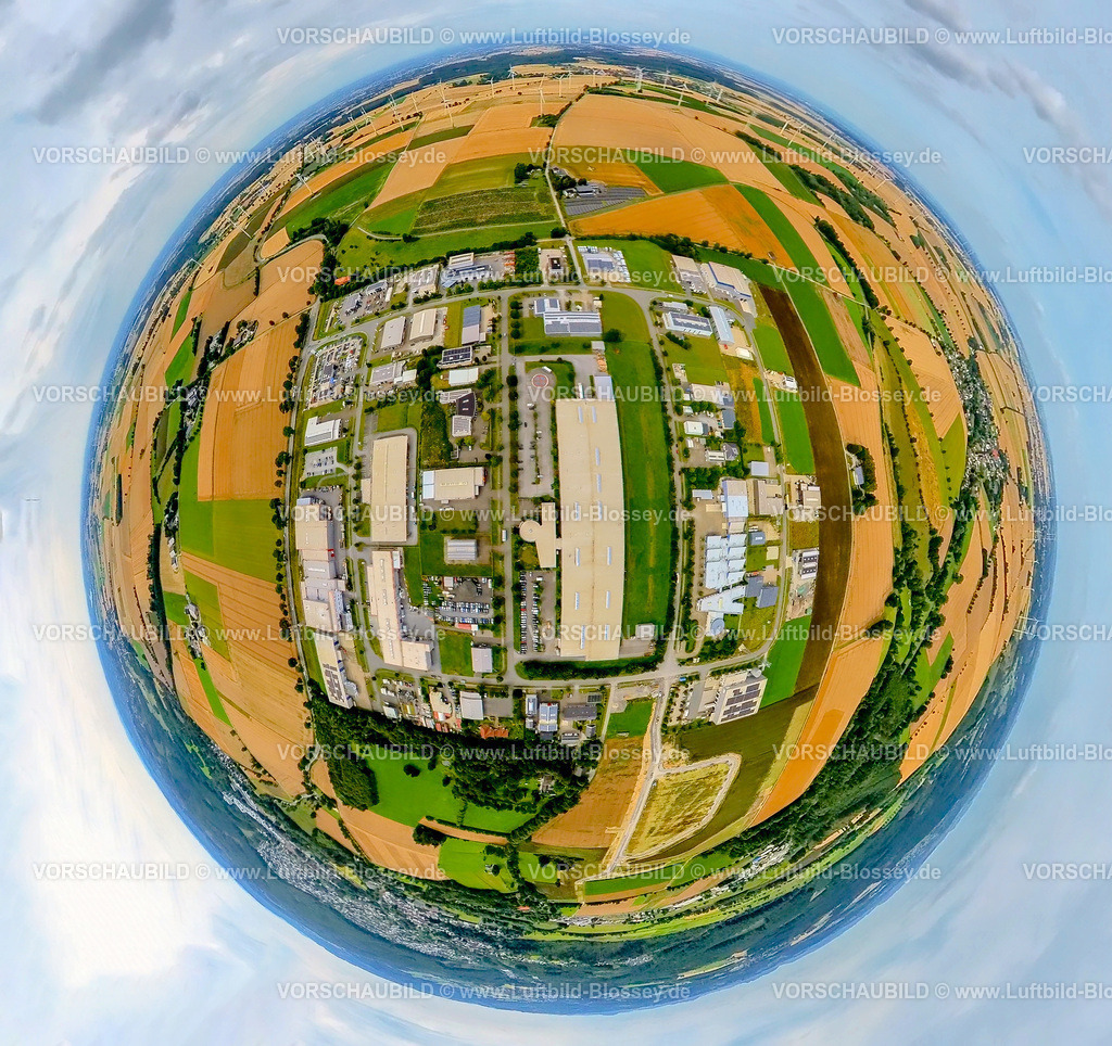 Warstein240790082GewerbegebietBelecke | Luftbild, Gewerbegebiet Industriepark Belecke, umgeben von kachelförmigen Strukturen Wiesen und Felder, Erdkugel, Fisheye Aufnahme, Fischaugen Aufnahme, 360 Grad Aufnahme, tiny world, little planet, fisheye Bild, Belecke, Warstein, Soester Börde, Nordrhein-Westfalen, Deutschland