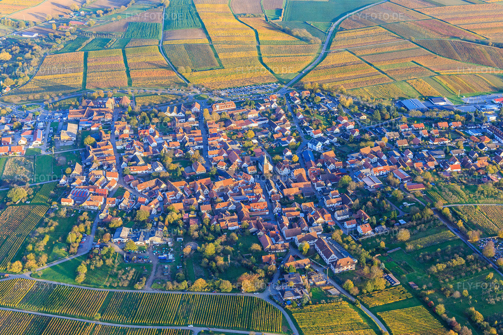 Winzerdorf in herbstlich gefärbten Weinbergen aus Westen | Luftbild: Winzerdorf in herbstlich gefärbten Weinbergen aus Westen im Ortsteil Schweigen in Schweigen-Rechtenbach im Bundesland Rheinland-Pfalz in Deutschland. Foto: IMG_104435.jpg vom 31.10.2017 durch Werner Riehm/FLY-FOTO.de - Realisiert mit Pictrs.com