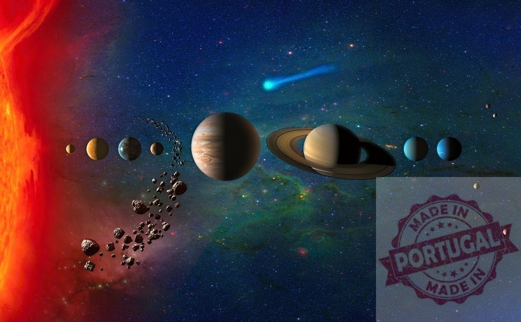 Solar System planets orbiting sun in space with asteroid belt | Solar System line up of planets and sun with comet in vast universe - Realisiert mit Pictrs.com