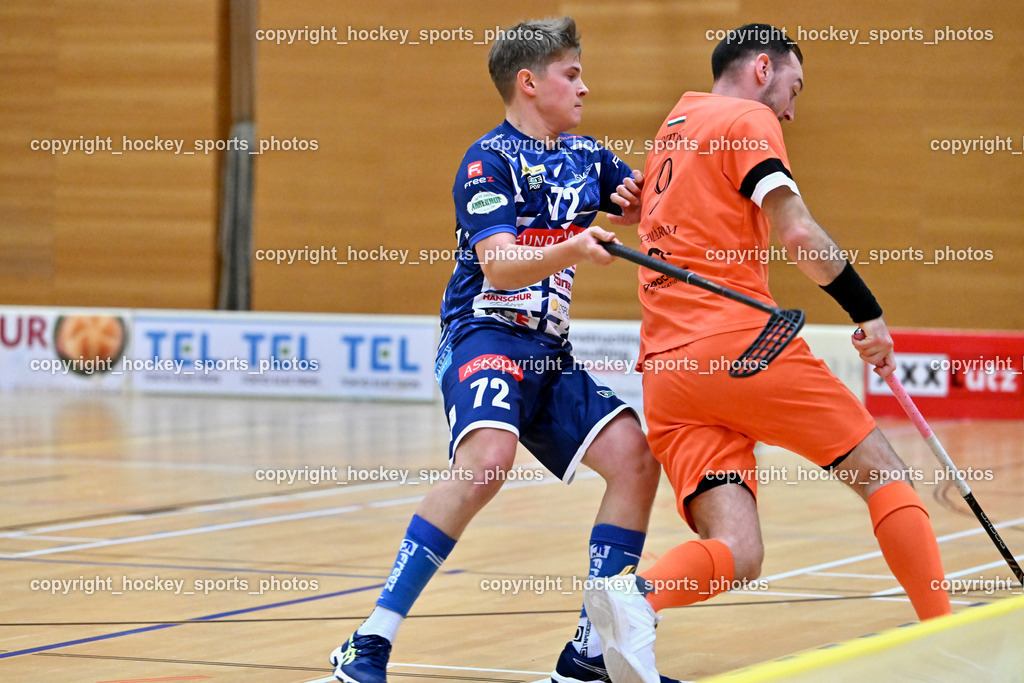 VSV Unihockey vs. SZPK Floorball | #72 Kilian Kronig VSV Unihockey, #9 András Molnár SZPK SÁROSI OPTIKA KOMÁROM, VSV Unihockey vs. SZPK Floorball, VSV Unihockey vs. SZPK Floorball am 23.11.2024 in Villach (Ballspielhalle St. Martin), Austria, (Photo by Bernd Stefan)