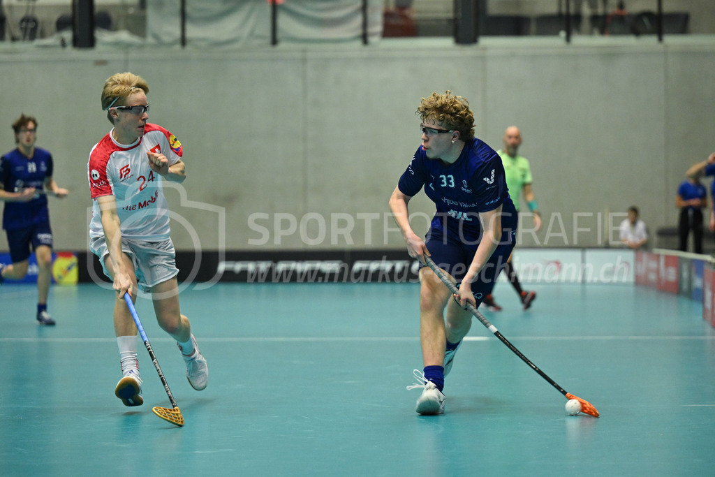 Switzerland U19 vs Finland U19 - 3. February 2024 | Switzerland U19 vs Finland U19
U19 Men International Matches in Switzerland
GoEasy Arena, Siggenthal Station
Finland forward #33 Marius Niemelä against Switzerland forward #24 Julian Egli.
Credit: Markus Aeschimann | <a href="https://www.markus-aeschimann.ch">Sportfotografie Markus Aeschimann</a> | <a href="https://www.instagram.com/sportfotografie.aeschimann">@sportfotografie.aeschimann</a> - Realisiert mit Pictrs.com