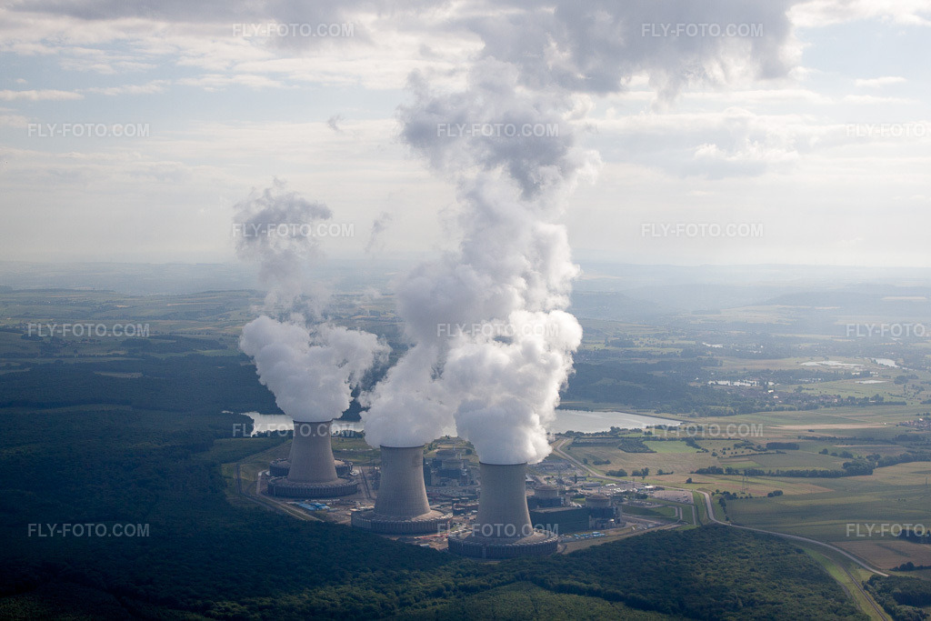 Aerial view: Smoke clouds above the nuclear power plant (also known as ANP, NPP or atomic power plant) in Cattenom in the state Moselle, France.Photo: IMG_50573.jpg taken on 06/23/2012 by Werner Riehm/FLY-FOTO.comResolution of the original: 4572 x 3048 px