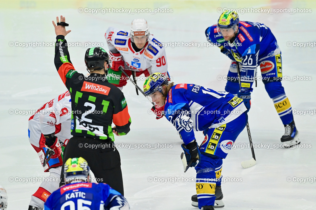 EC IDM WÄRMEPUMPEN VSV vs. EC KAC | Hornsky Tomas Referee, #9 Mursak Jan EC KAC, #12 Pearson Chase EC VSV, #90 Fraser Matthew EC KAC, #26 VAN NES Guus EC VSV, EC IDM WÄRMEPUMPEN VSV vs. EC KAC, EC IDM WÄRMEPUMPEN VSV vs. EC KAC am 02.02.2025 in Villach (Stadthalle Villach), Austria, (Photo by Bernd Stefan)