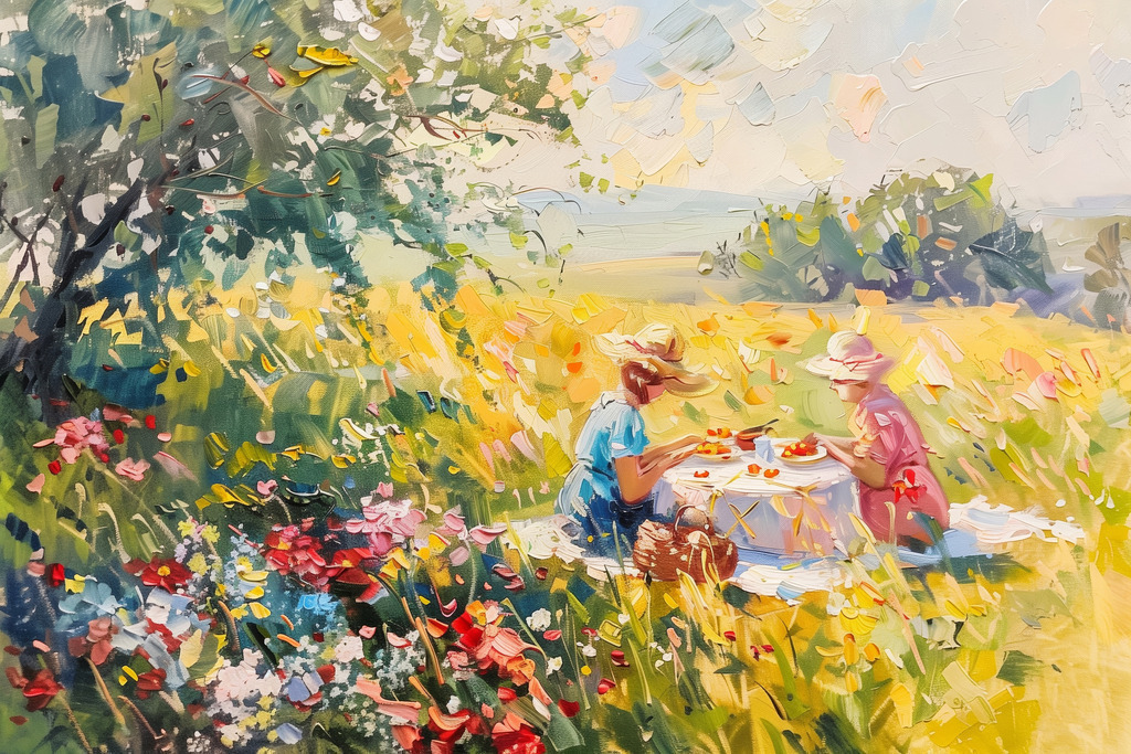 2403003 - Picknick auf einer Frühlingswiese | Frühlingsmotiv im Stil eines impressionistischen Gemäldes.