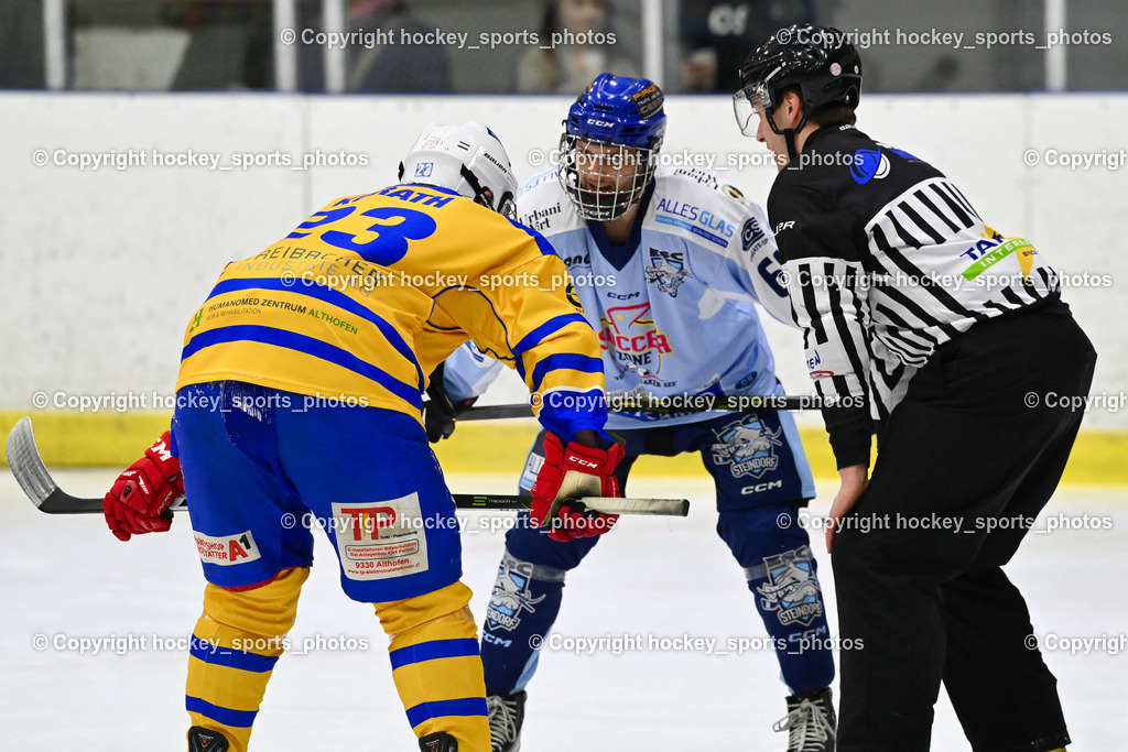 EHC Althofen vs. ESC Steindorf 27.2.2023 | #23 Kurath Florian, #69 Kreuzer Philipp, Puff Wolfgang Referee