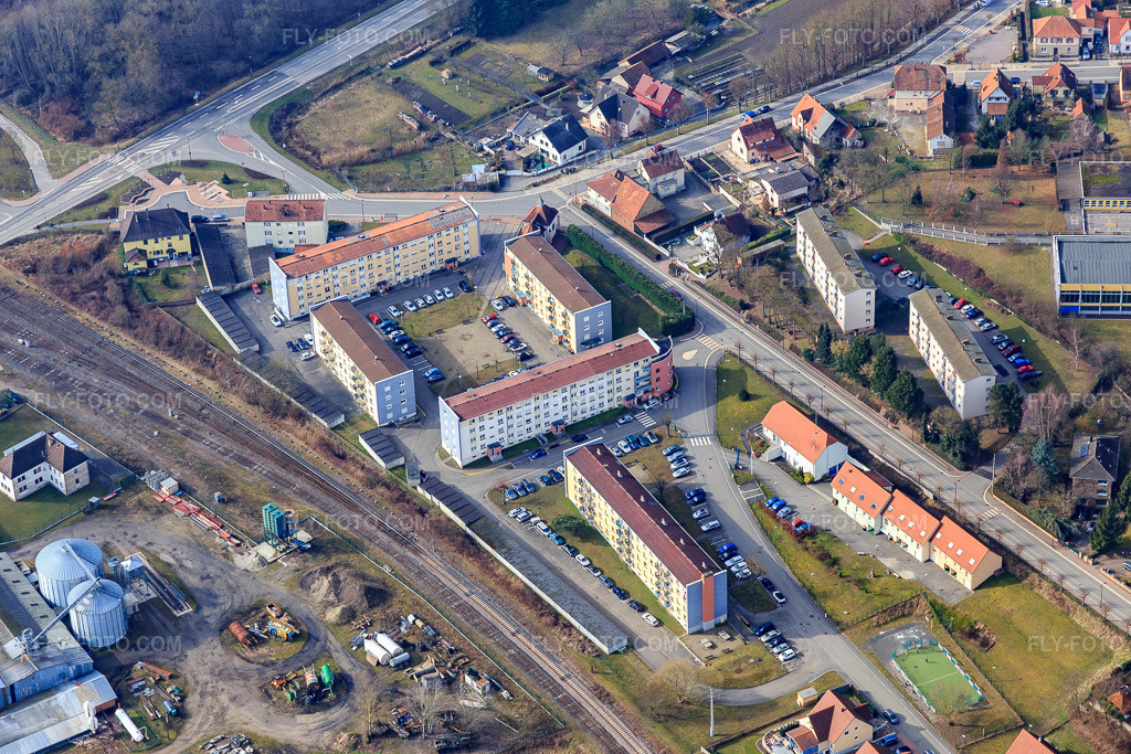 Aerial view: Residential complex Cité de la Chapelle in Lauterbourg in the state Bas-Rhin, France. – Photo: IMG_096951.jpg taken on 02/19/2017 by Werner Riehm/FLY-FOTO.com – Resolution of the original: 5472 x 3648 px