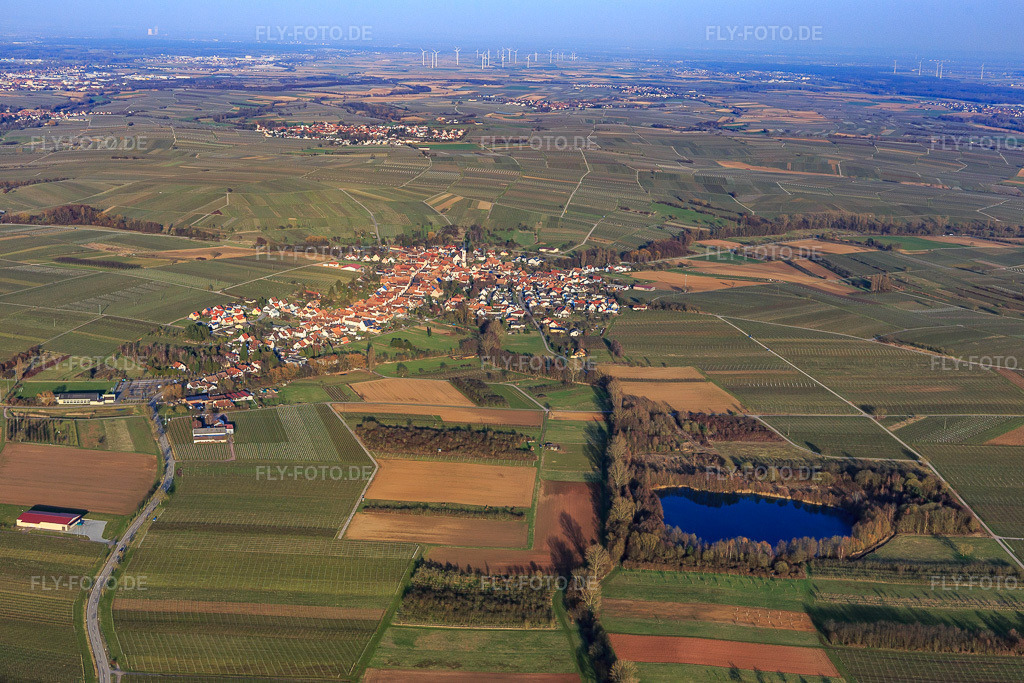 Luftbild: Dorfansicht aus Westen in Göcklingen im Bundesland Rheinland-Pfalz in Deutschland. Foto: IMG_105109.jpg vom 24.03.2018 durch Werner Riehm/FLY-FOTO.de