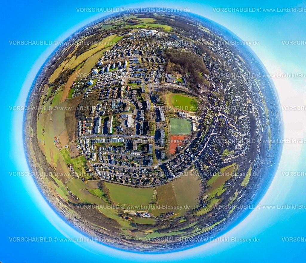 Hamm240190119Heessen_Dasbeck | Luftbild, Wohngebiet Ortsteil Dasbeck, Sportzentrum Heessen DJK SV Eintracht 22/26 Heessen e.V. (SVE Heessen), Erdkugel, Fisheye Aufnahme, Fischaugen Aufnahme, 360 Grad Aufnahme, tiny world, little planet, fisheye Bild, Stadtbezirk Heessen, Hamm, Ruhrgebiet, Nordrhein-Westfalen, Deutschland