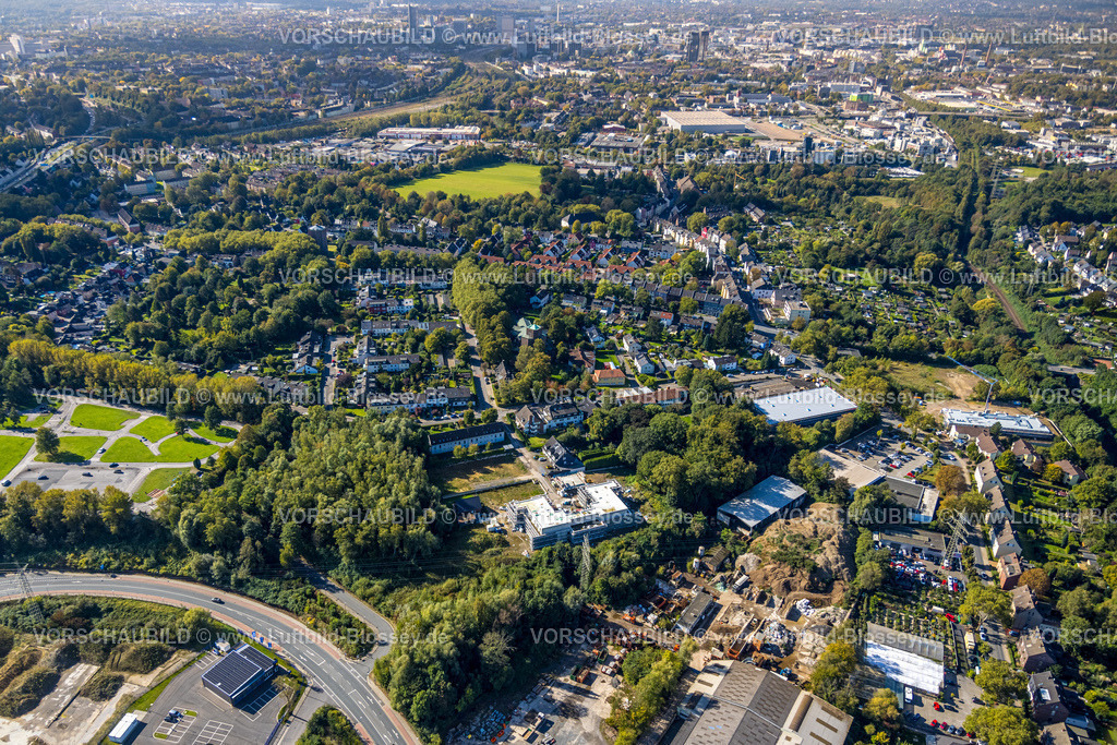 Essen241000947 | Luftbild, Baustelle mit Neubau, Brandhövel und Auf der Litten, Wohngebiet Frillendorf und Verkehrswacht Essen e.V. Verkehrsübungsplatz, Frillendorf, Essen, Ruhrgebiet, Nordrhein-Westfalen, Deutschland