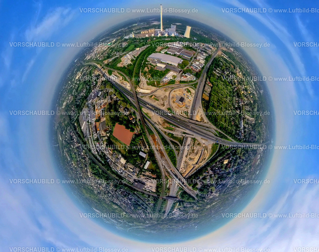 Herne240590018AutobahnA43A42KreuzBaustelle | Luftbild, Großbaustelle Autobahnkreuz Herne, BAB Autobahn A42 und Autobahn A43, Erdkugel, Fisheye Aufnahme, Fischaugen Aufnahme, 360 Grad Aufnahme, tiny world, little planet, fisheye Bild, Baukau-West, Herne, Nordrhein-Westfalen, Deutschland