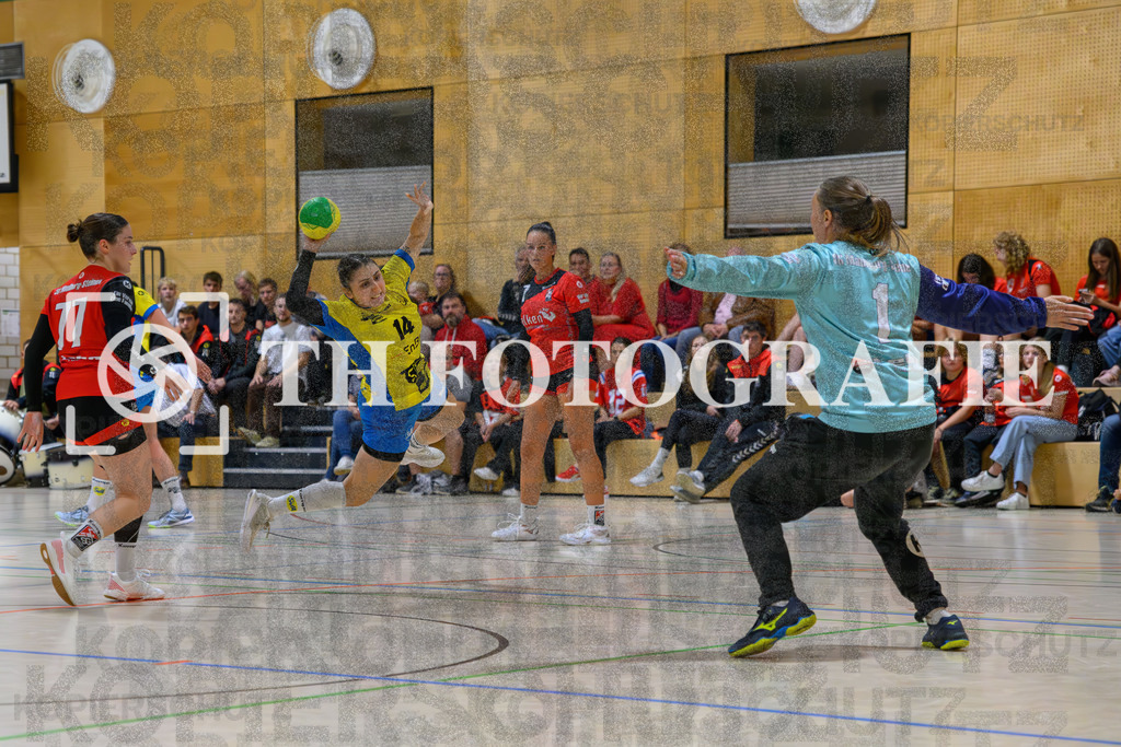 GER, SG Maulburg/Steinen - SV Allensbach 2, Handball, Suedbadenliga, 2. Spieltag, Saison 2023/2024, 14.10.2023 | Kira Heinstadt (SV Allensbach 2, #14) beim Wurf vor Antje Matschenz (SG Maulburg-Steinen, #01)

GER, SG Maulburg/Steinen - SV Allensbach 2, Handball, Suedbadenliga, 2. Spieltag, Saison 2023/2024, 14.10.2023

Foto: TH Fotografie/Thomas Hess