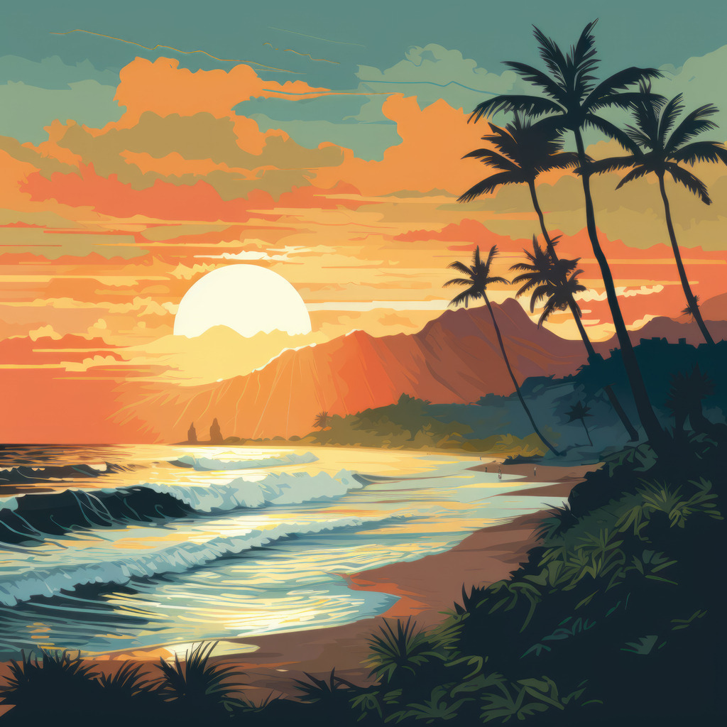 2307099 - Sonnenuntergang auf Hawaii | Wunderschöner Sonnenuntergang auf Hawaii im Vintage-Illustrations Stil.