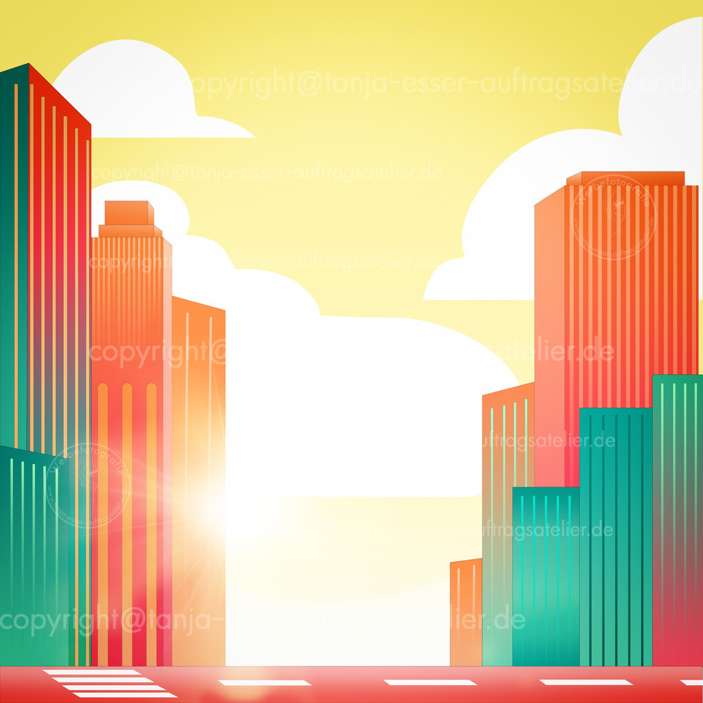 120 a Grossstadt pastell gelber Himmel D | Elegante Pastell farbige Illustration einer Großstadt mit Hochhäusern. Im Vordergrund verläuft eine Straße. Türkis, Gelb- und Orangetöne bilden einen Farbkontrast.