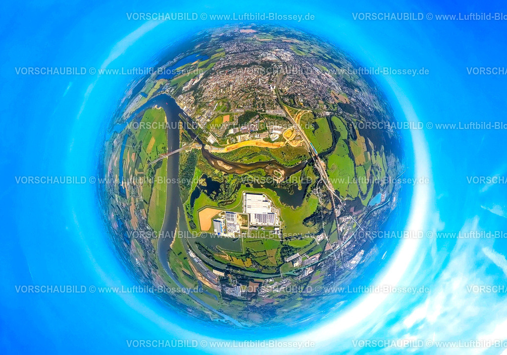 Wesel240890513LippemuendungSuedumgehung | Luftbild, Lippemündungsraum mit Baustelle, Südumgehung Umgehungsstraße B58n, Fluss Lippe im Naturschutzgebiet NSG, Rheinbrücke über den Fluss Rhein und Bundesstraße B8 Brücke am Lippeschlößchen, Ortsansicht Wesel, Erdkugel, Fisheye Aufnahme, Fischaugen Aufnahme, 360 Grad Aufnahme, tiny world, little planet, fisheye Bild, , Wesel, Ruhrgebiet, Nordrhein-Westfalen, Deutschland