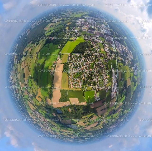 Hamm230990075 Uentrop | Luftbild, Ortsansicht Ortsteil Uentrop, Mühlenstraße, Erdkugel, Fisheye Aufnahme, Fischaugen Aufnahme, 360 Grad Aufnahme, tiny world, Uentrop, Hamm, Ruhrgebiet, Nordrhein-Westfalen, Deutschland