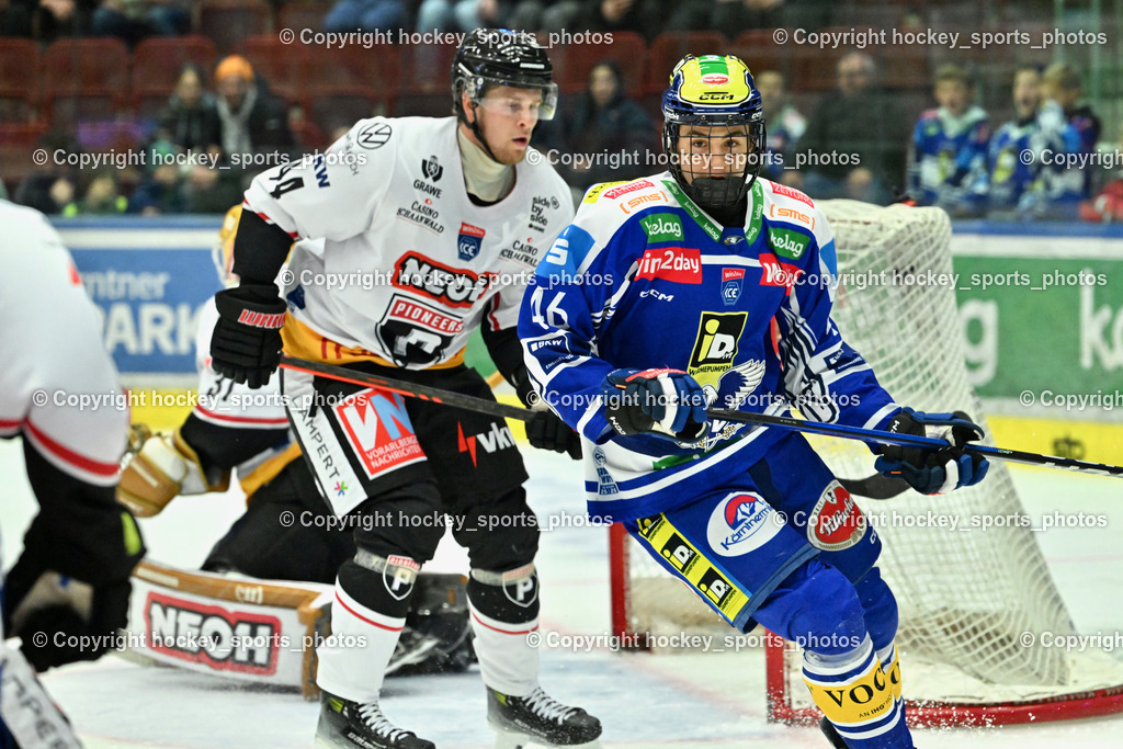 EC IDM Wärmepumpen VSV vs. Pioneers Vorarlberg | #44 Julius Reini Pioneers Vorarlberg, #46 Paul Sintschnig EC VSV, EC IDM Wärmepumpen VSV vs. Pioneers Vorarlberg, EC IDM WÄRMEPUMPEN VSV vs. Pioneers Vorarlberg am 03.10.2025 in Villach (Stadthalle Villach), Austria, (Photo by Bernd Stefan)