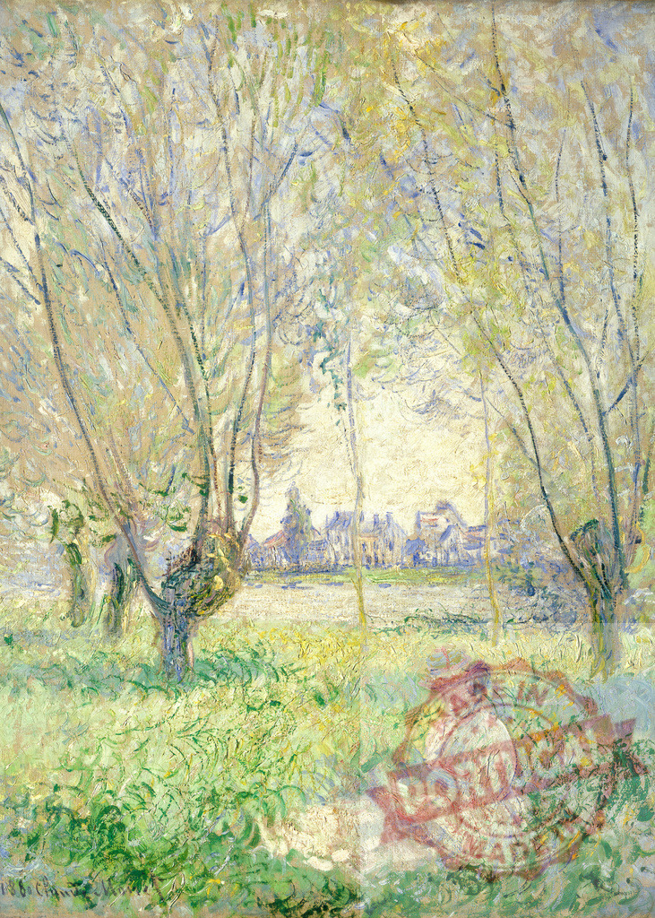 Woman relaxing in a meadow near the banks of the river Epte at Giverny | Impressionist painting depicting a woman sitting in a meadow, surrounded by trees, with the village of Giverny visible in the background - Realisiert mit Pictrs.com