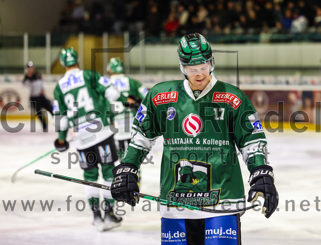 2023-11-12_016_TSV_Erding_gegen_EHC_Koenigsbrunn | Erding, Deutschland, 12.11.2023:
Eishockey, Bayernliga Vorrunde 2023 / 2024, 9. Spieltag, TSV Erding gegen EHC Königsbrunn, Endergebnis: 3:2

Elia Ostwald (Erding Gladiators, #17)

Foto: Christian Riedel / fotografie-riedel.net