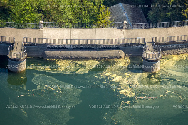 Breckerfeld240504704 | Luftbild, Staumauer der Glörtalsperre im Waldgebiet, verunreinigtes Wasser, Loh, Breckerfeld, Ruhrgebiet, Nordrhein-Westfalen, Deutschland