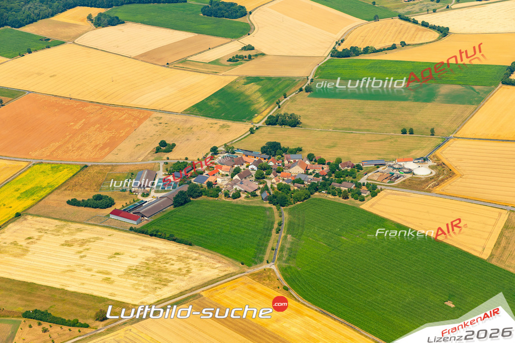 Aktuelles Luftbild von Bossendorf Schrozberg - Die Luftaufnahme wurde 2022 mittels UL-Flugzeug erstellt ( keine Drohne ) - hochauflösende Kamera-Systeme von  Canon -Beste Qualität - Für grossformatige Ausdrucke geeignet. Die Geschenkidee !
