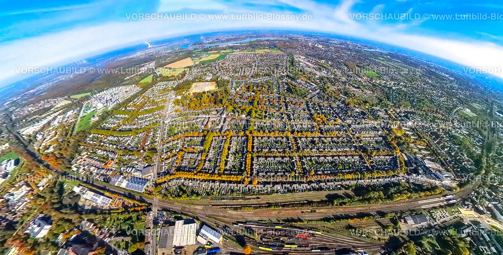 Moers20221006_1Meerbeck1 | Luftbild, Arbeitersiedlung Meerbeck-Hochstraß, zwischen Ruhrstraße und Fuldastraße, Baumallee und Bäume in Herbstfarben, Fisheye Aufnahme, Fischaugen Aufnahme, 360 Grad Aufnahme, Moers-Hochstraß, Moers, Fisheyeaufnahme, Ruhrgebiet, Nordrhein-Westfalen, Deutschland