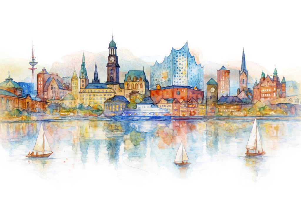 10250405 - Hamburg Skyline als Aquarell | Hamburg Skyline im Stil eines Aquarellgemäldes.