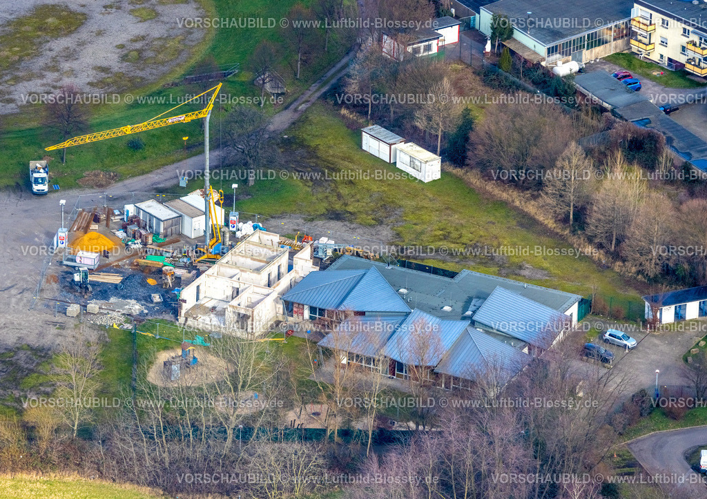 Gelsenkirchen230211519 | Luftbild, Baustelle und Neubau am städt. Kindergarten Glückauf, Schalke-Nord, Gelsenkirchen, Ruhrgebiet, Nordrhein-Westfalen, Deutschland