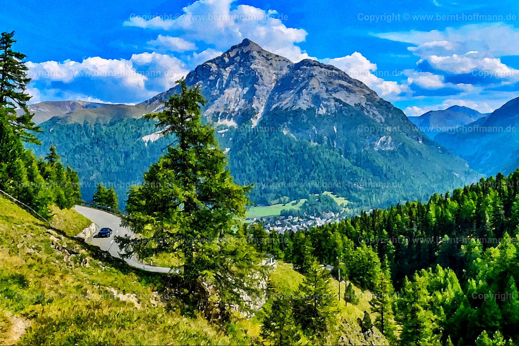 PAD2_RH_Abulapass_90x60 | DIGITALKUNST. Berglandschaft am Albulapass auf der Engadiner Seite bei La Punt. __ Das Basisfoto für dieses malerisch verwandelte Werk hat der Schweizer Hobbyfotograf Rene Hinder gemacht und es Bernt Hoffmann für dessen Kunstpart zur Verfügung gestellt. - Realisiert mit Pictrs.com