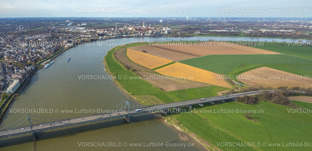 Duisburg230302822 | Luftbild, Rheinbrücke, Krefeld-Uerdinger-Brücke über den Fluss Rhein, Rheinaue, Binnenschifffahrt, Mündelheim, Duisburg, Ruhrgebiet, Nordrhein-Westfalen, Deutschland