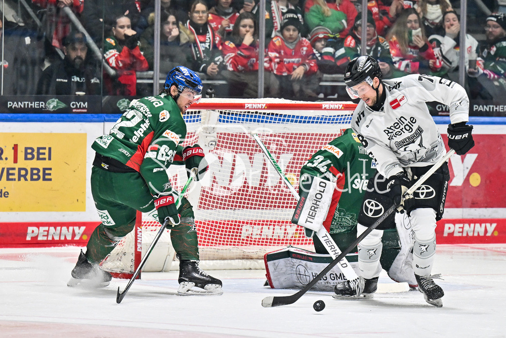 Augsburger Panther - Kölner Haie | AUGSBURG, GERMANY - 11. JANUARY: v. l. Thomas SCHEMITSCH (Augsburger Panther 62), Michael GARTEIG (Augsburger Panther 34), Dominik BOKK (Kölner Haie 78) während dem Match zwischen den Augsburger Panthern und den Kölner Haien am 39. Spieltag der penny DEL im Curt Frenzel Stadion