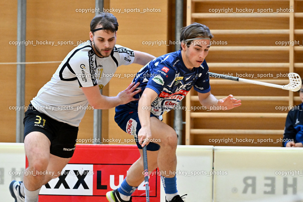 FBK Loka vs. VSV Unihockey | #31 Nejc Oman FBK Loka, #15 Tristan Bogataj VSV Unihockey, FBK Loka vs. VSV Unihockey, FBK Loka vs. VSV Unihockey am 23.03.2025 in Villach (Ballspielhalle St. Martin), Austria, (Photo by Bernd Stefan)