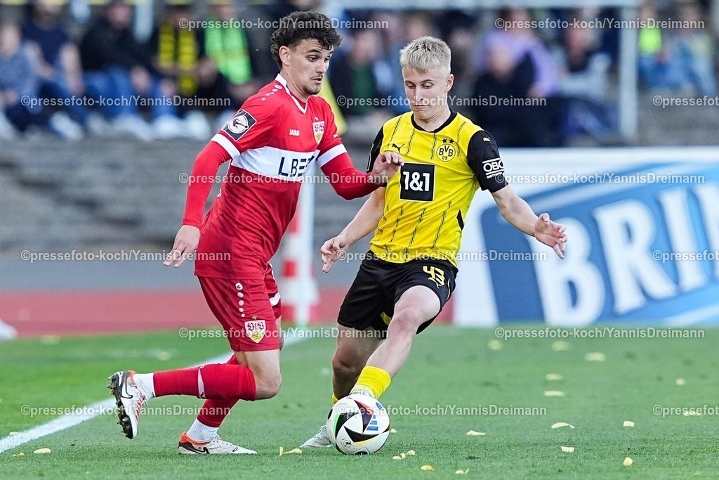 xYDR09052501034 | 09.05.2025, xydrx, Fußball, Borussia Dortmund II - VFB Stuttgart II, 3.Liga, Stadion Rote Erde, Saison 2024 2025: Leny Meyer (VFB Stuttgart II #16) im Zweikampf gegen Danylo Krevsun (Borussia Dortmund II #43) DFB regulations prohibit any use of photographs as image sequences and or quasi-video.