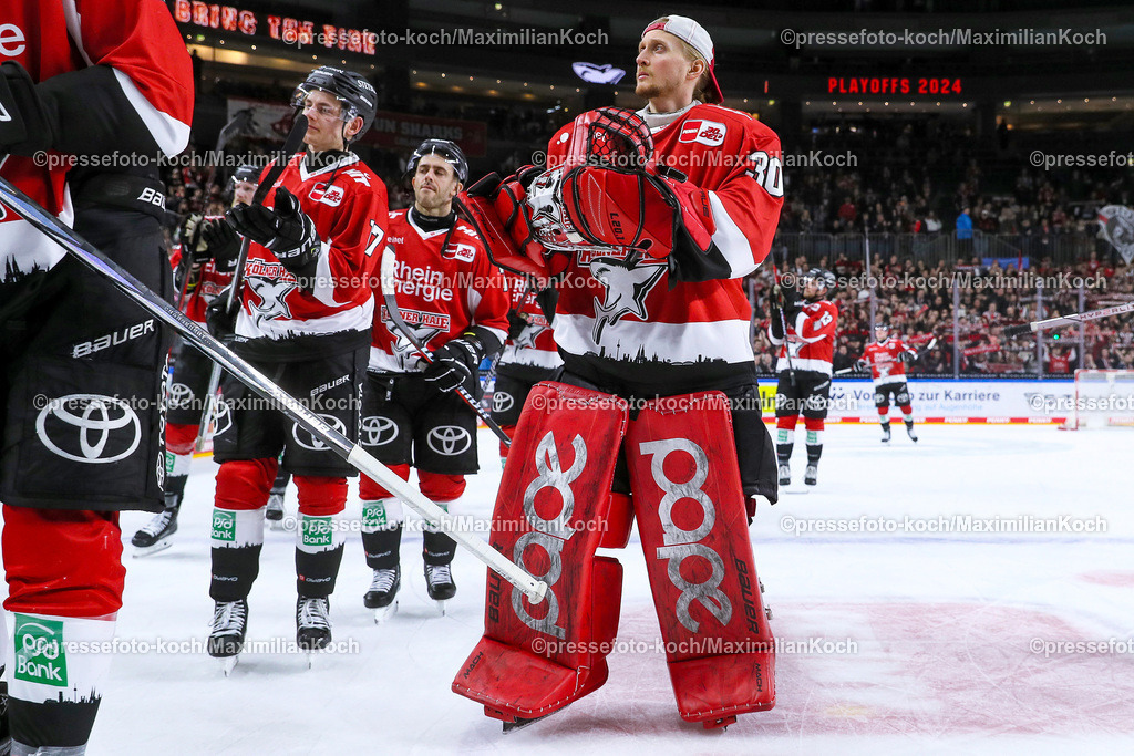 KoeDEL14032402131 | 14.03.2024, Köln, Eishockey, Penny DEL, Pre-Playoffs Spieltag 3, Lanxess-Arena, Kölner Haie - ERC Ingolstadt: Torhüter Mirko Pantkowski (Kölner Haie)