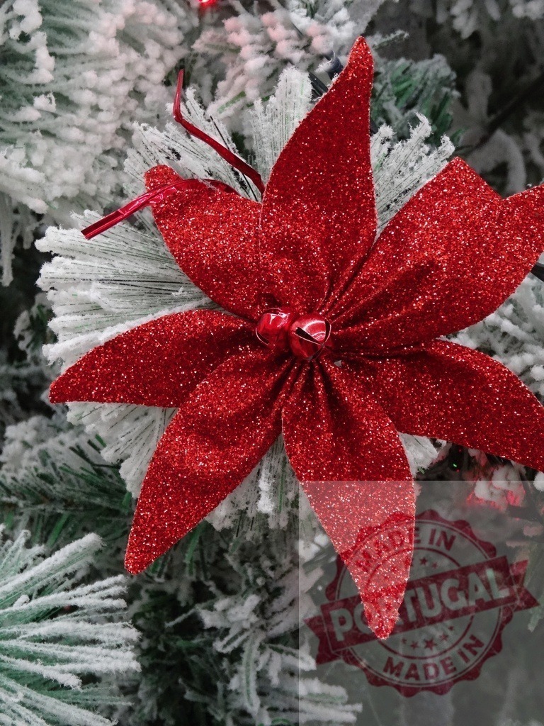 Red poinsettia flower decorating christmas tree with bell and snow | Glittering red poinsettia flower with small golden bell decorating a snowy christmas tree - Realized with Pictrs.com