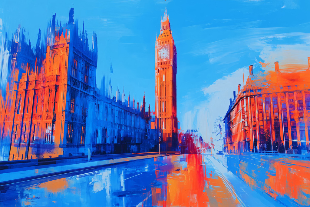 2605007 - London in Blau und Orange | Das Bild setzt das berühmte Panorama von Westminster durch einen radikalen Farbgegensatz neu in Szene. Während die historische Fassade des Elizabeth Tower in ein warmes, leuchtendes Orange getaucht ist, wirken der Himmel und die Straße durch das kühle Blau fast wie eine Spiegelung. Eine klare, ausdrucksstarke Ansicht, die die Energie der britischen Hauptstadt über das Licht einfängt.