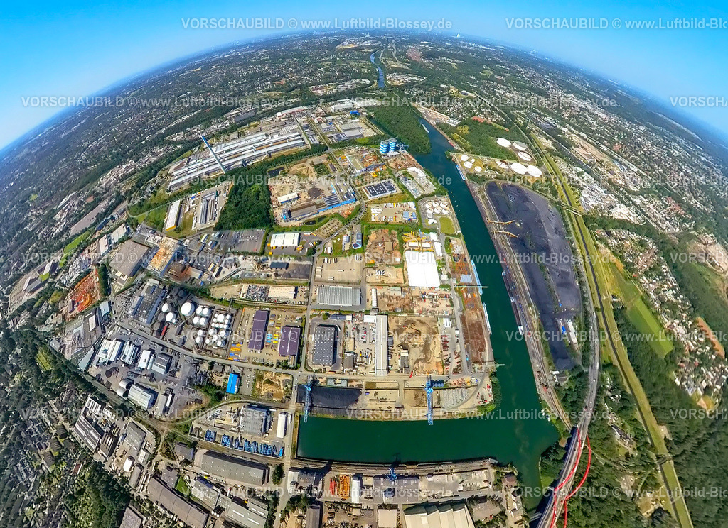 Essen230790066_Hafen | Luftbild, Stadthafen und Gewerbepark Hafenstraße, Erdkugel, Fisheye Aufnahme, Fischaugen Aufnahme, 360 Grad Aufnahme, tiny world, Bergeborbeck, Essen, Ruhrgebiet, Nordrhein-Westfalen, Deutschland