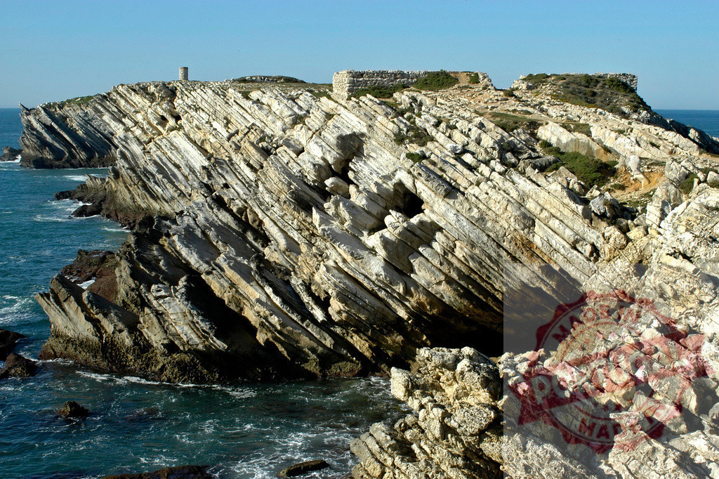 Papoa Peninsula cliffs showing dramatic geological strata formation | Steep coastal cliffs featuring unique stratified rock formations along the Atlantic Ocean - Realized with Pictrs.com