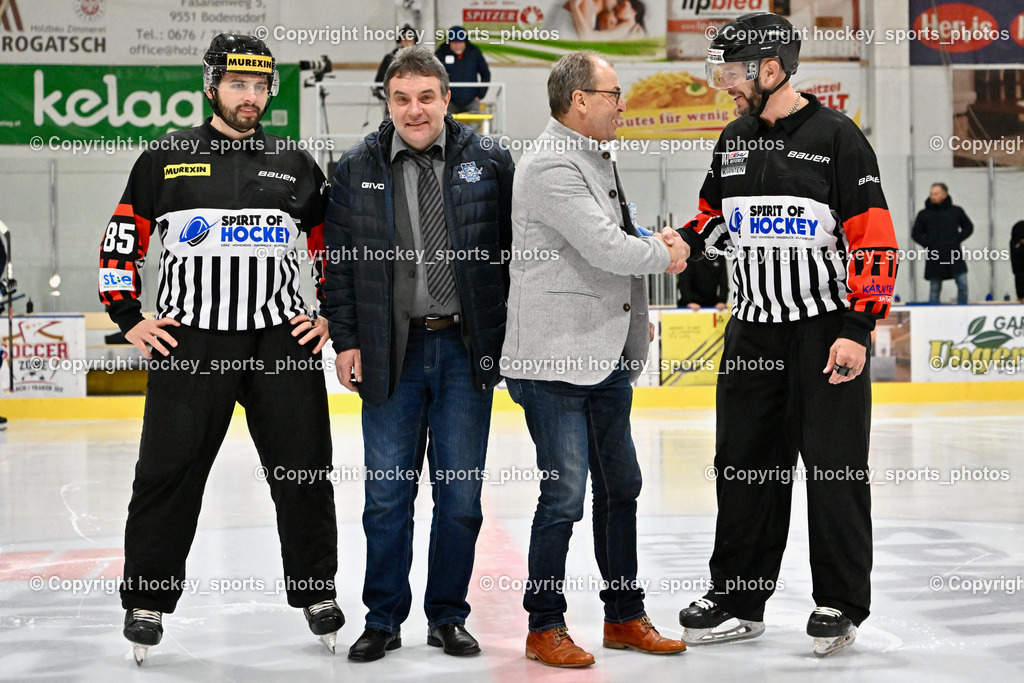 ESC Steindorf vs. HC Kufstein Dragons 25.2.2023 | MEIXNER Sebastian, ETTLMAYR Timo, Referees, ESC Steindorf Obmann Hans Tschernutter, Steindorf Bürgermeister Georg Kavalar