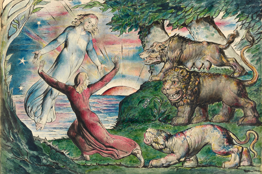 William Blake - Dante flieht vor den drei Bestien | Moderne Wandbilder auf Leinwand, Acylglas, Alu-Dibond oder als Poster. Tauchen Sie ein in die Welt KI-generierter Kunstwerke - entdecken Sie hochwertige Kunstdrucke unserer Gemälde, Illustrationen und fotorealistischen Motive.