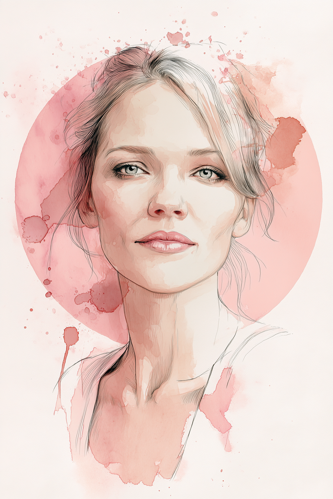 Poster: HER ECHO – The Distance | Illustratives Frauenportrait im modernen Aquarellstil mit pinkem Kreis im Hintergrund aus der Poster-Kollektion HER ECHO. - Realisiert mit Pictrs.com