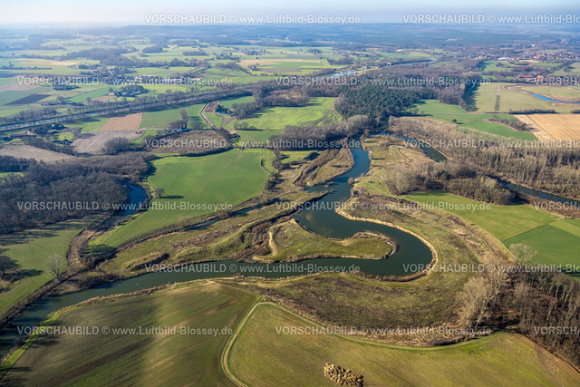 Olfen230206775Lippe | Luftbild, Renaturierung Fluss Lippe, Projekt Lebendige Lippe, Lipperband, Fluss Lippemäander, Fluss und Auenentwicklung, Olfen-Kirchspiel, Olfen, Münsterland, Nordrhein-Westfalen, Deutschland