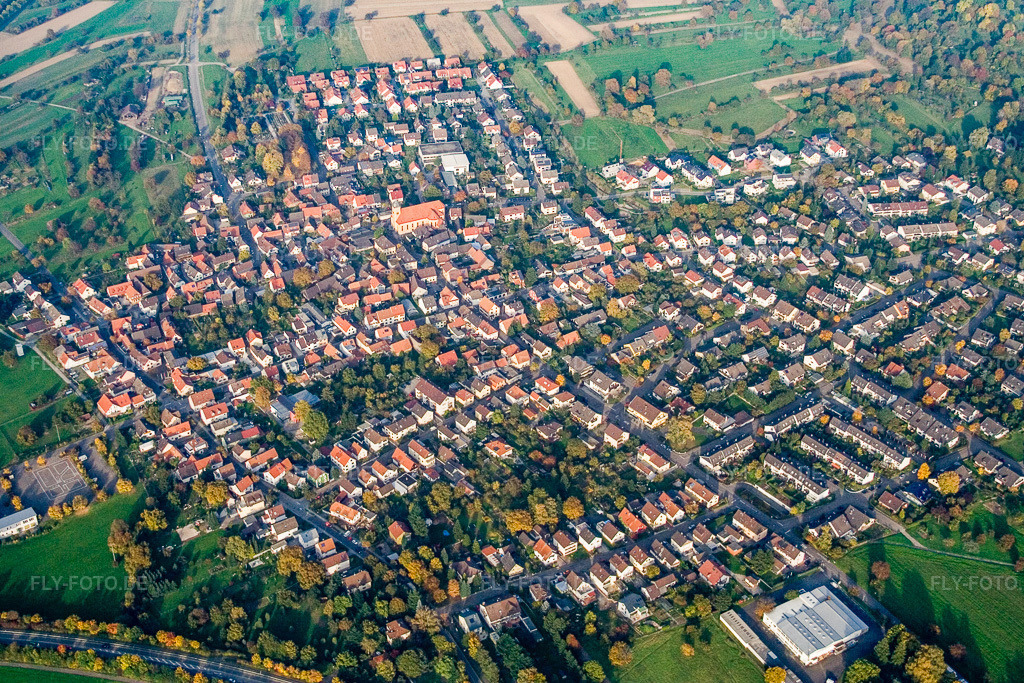 Luftbild: Ortsansicht aus Südwesten im Ortsteil Ettlingenweier in Ettlingen im Bundesland Baden-Württemberg in Deutschland. Foto: IMG_14082.jpg vom 11.10.2008 durch Werner Riehm/FLY-FOTO.de