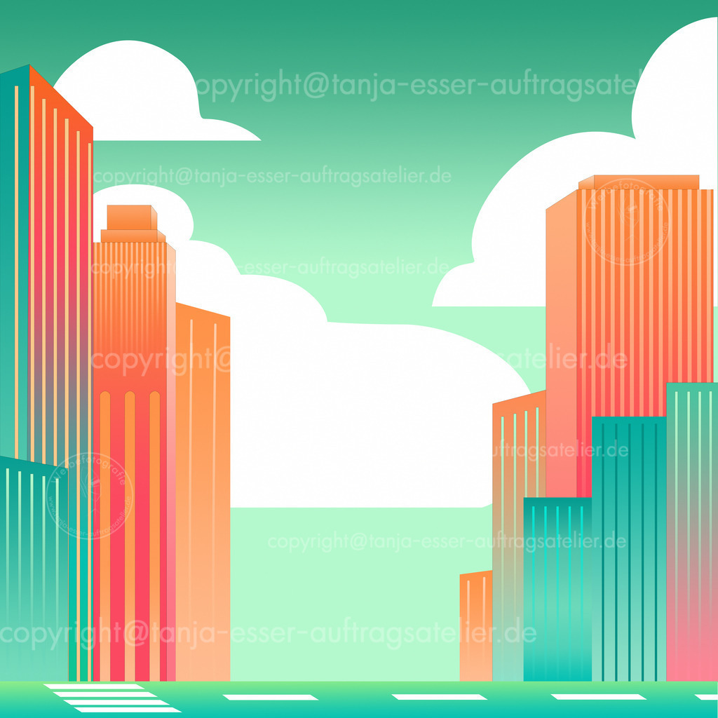 120 b Grossstadt pastell D | Elegante Pastell farbige Illustration einer Großstadt mit Hochhäusern. Im Vordergrund verläuft eine Straße. Türkis und Orangetöne bilden einen Farbkontrast.