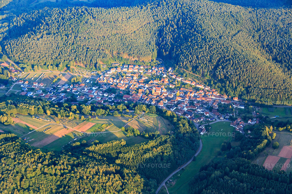 Luftbild: Dorfansicht im Pfälzerwald aus Nordwesten in Vorderweidenthal im Bundesland Rheinland-Pfalz in Deutschland. Foto: IMG_084195.jpg vom 29.08.2015 durch Werner Riehm/FLY-FOTO.de