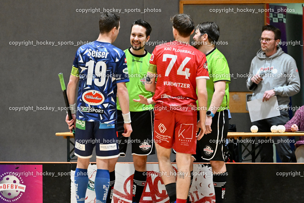 KAC Floorball vs. VSV Unihockey | #19 Philipp Seiser VSV Unihockey, #74 Luca Wurmitzer KAC Floorball,  Andreas Gassner Referee, Lukas Jakoubek Referee, KAC Floorball vs. VSV Unihockey, KAC Floorball vs. VSV Unihockey am 21.03.2026 in Klagenfurt (Ballspielhalle Waidmannsdorf), Austria, (Photo by Bernd Stefan)