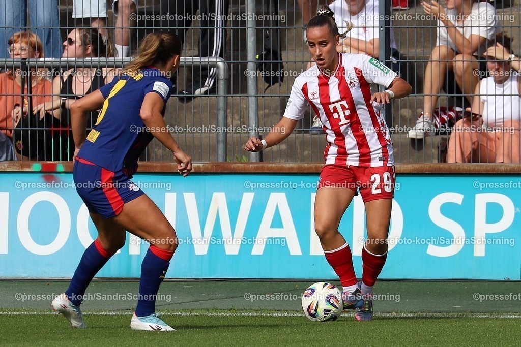 xSSc06092502029 | 05.09.2025, xsscx, Frauen Fuﬂball, 1. FC Koeln - RB Leipzig, 1. Fuﬂball Bundesliga, 01. Spieltag, Franz-Kremer-Stadion, Saison 2025 2026: Andrea Norheim (RB Leipzig #3) im Zweikampf gegen Laura Donhauser (1. FC Koeln #25) DFB regulations prohibit any use of photographs as image sequences and or quasi-video. Nordrhein-Westfalen Deutschland
