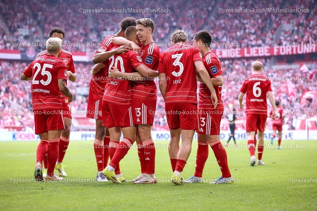F9510052601033 | 10.05.2026, Fußball, Fortuna Düsseldorf - SV 07 Elversberg, 2. Fußball Bundesliga, Herren, Merkur Spiel-Arena, 33. Spieltag, Saison 2025 2026: Torjubel nach dem Tor zum 1:0 durch Torschütze Marin Ljubicic&nbsp;(Fortuna Düsseldorf #20)  zusammen mit Giovanni Haag&nbsp;(Fortuna Düsseldorf #06) Christopher Lenz&nbsp;(Fortuna Düsseldorf #03) Cedric Itten&nbsp;(Fortuna Düsseldorf #13)  DFB regulations prohibit any use of photographs as image sequences and or quasi-video.